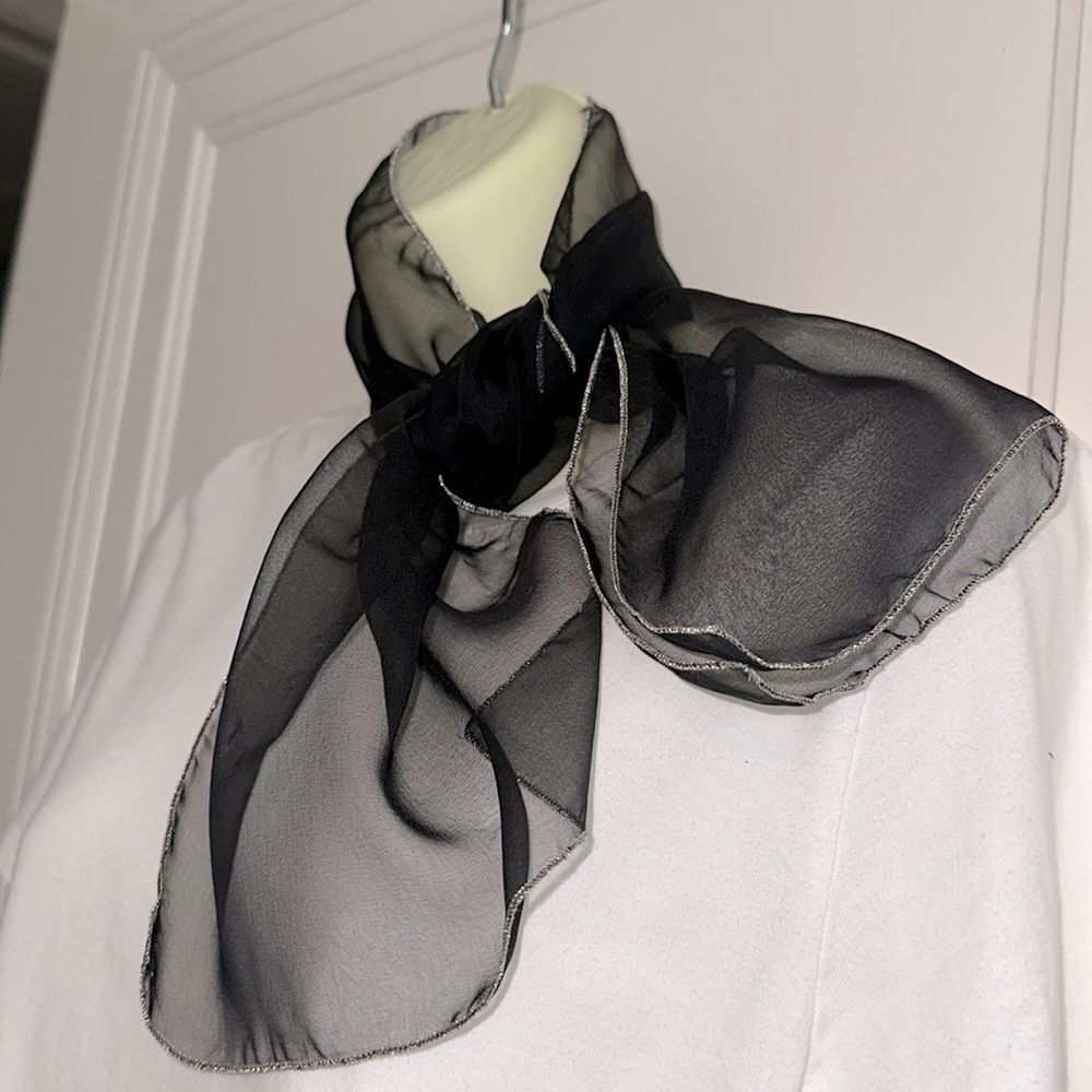 Vintage Black Sheer Scarf with Metallic Thread Hem